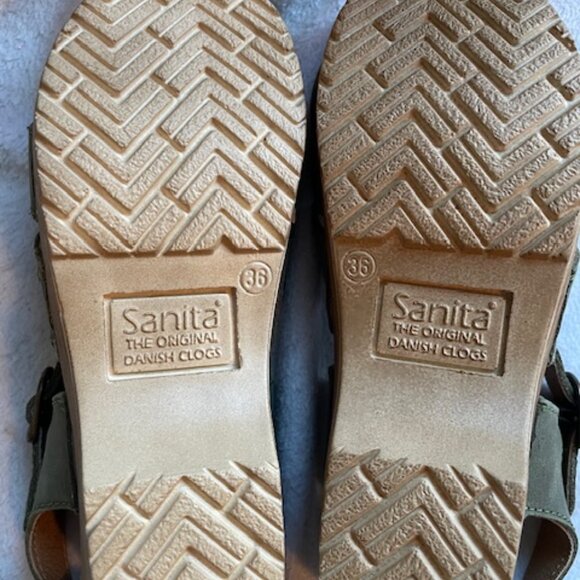 Sanita Margrethe Sandals Leather size 36 6 Khaki Clogs Wood Heel Green Beige - Picture 5 of 16